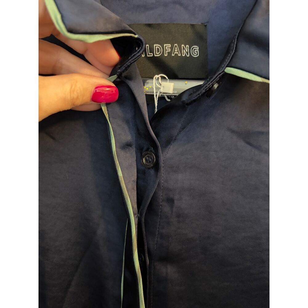 Wildfang The Empower Satin Shirt Dress Navy Blue Green Contrast Trim Medium Mod - Picture 4 of 11